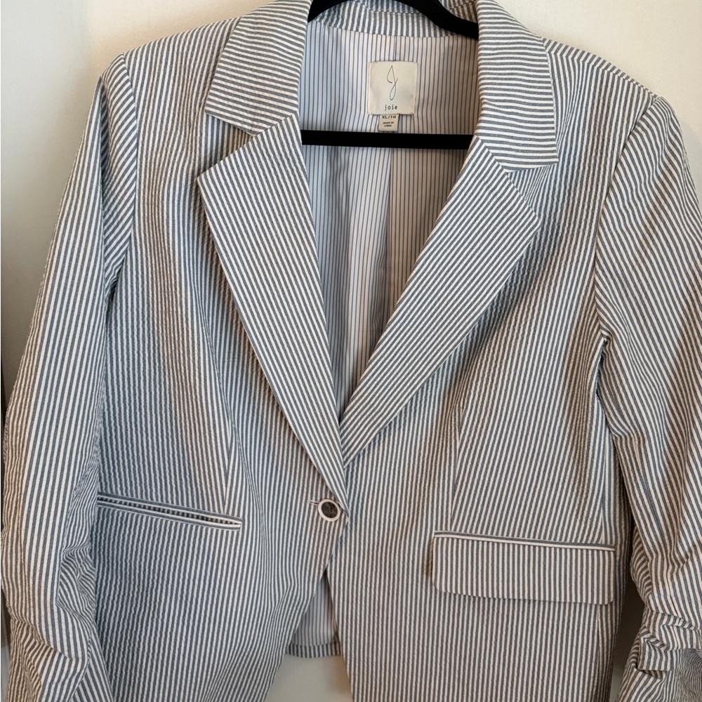 Joie Blue and White Striped Seersucker Blazer